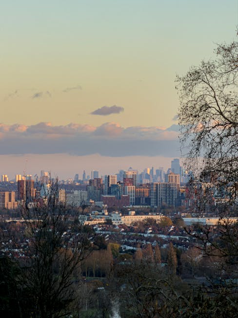 A wide view of a city skyline seen from a residential area with trees in the foreground during the late afternoon or early evening. The photograph shows several high-rise buildings and office towers in the distance, with some illuminated by the setting sun. Inside a home, visible in the foreground, are cardboard boxes and wrapped furniture being prepared for a home relocation. The boxes are stacked near an open doorway leading to the driveway, where a vehicle is parked for loading. A trolley or moving straps may be seen assisting with furniture transport, while blankets and packing materials are used to protect items during the furniture transport process. The scene depicts the arrangements typical of a professional removals service, such as Man with Van Winchmore Hill, coordinating the careful loading of packed boxes and household items into a van for a move near Grovelands Park, highlighting the logistical aspects of packing and moving in an urban residential context.
