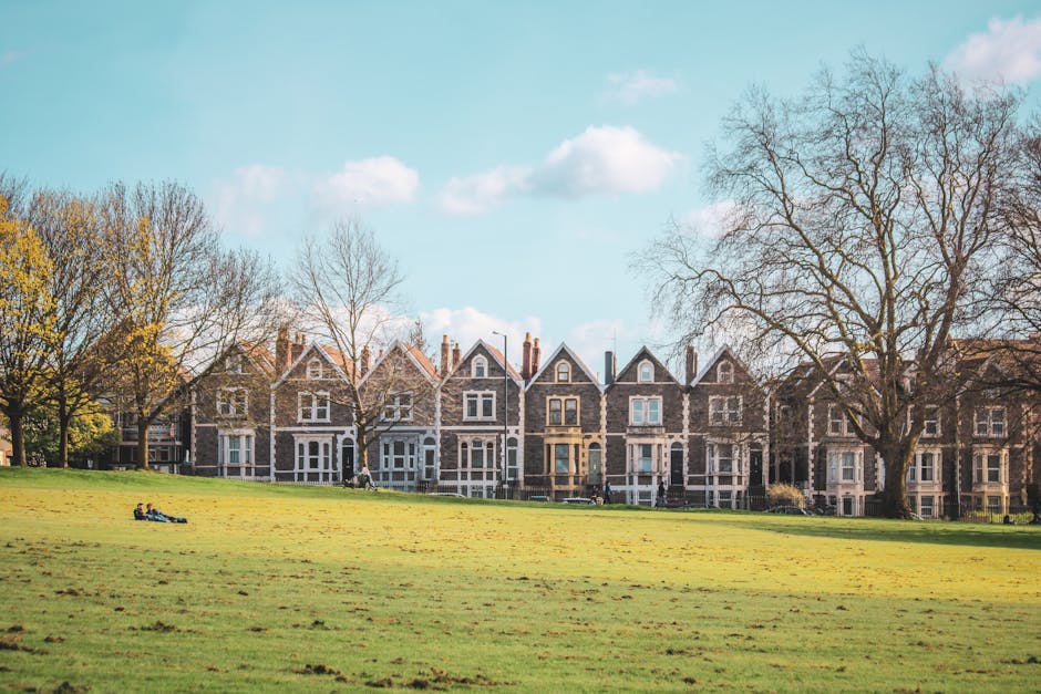 A wide view of a residential street near Grovelands Park in Winchmore Hill, showing a row of traditional terraced houses with brick facades, pitched roofs, and large front windows. In the foreground, there is a spacious, well-maintained grassy area with patches of sunlight and scattered mature trees, some with bare branches and others with leaves beginning to grow. On the grass, a few individuals are sitting or lying down, possibly relaxing or observing the surroundings. Near the houses, a person is seen lifting or carrying a cardboard box, which is part of a house move, with additional boxes and packing materials visible on the pavement adjacent to a parked van or removal vehicle. The scene depicts the process of packing or moving items from a residence, supported by the presence of packing supplies and moving equipment such as trolleys or straps, relevant to home relocation and furniture transport services provided by Man with Van Winchmore Hill. The sky is partly cloudy with fluffy white clouds, and the overall environment suggests a calm, daylight setting typical of a residential moving day.
